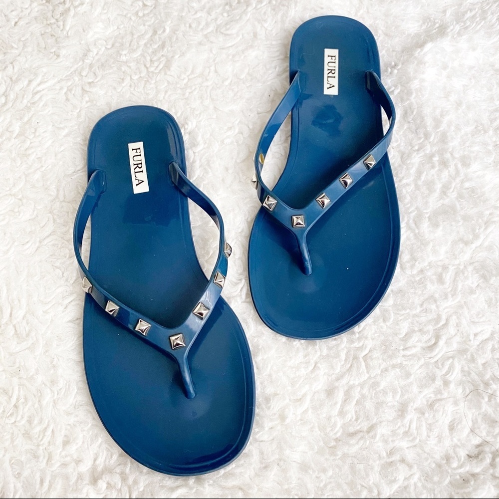 Furla Blue Jelly Studded Thong Sandals Silver Studs Size 6